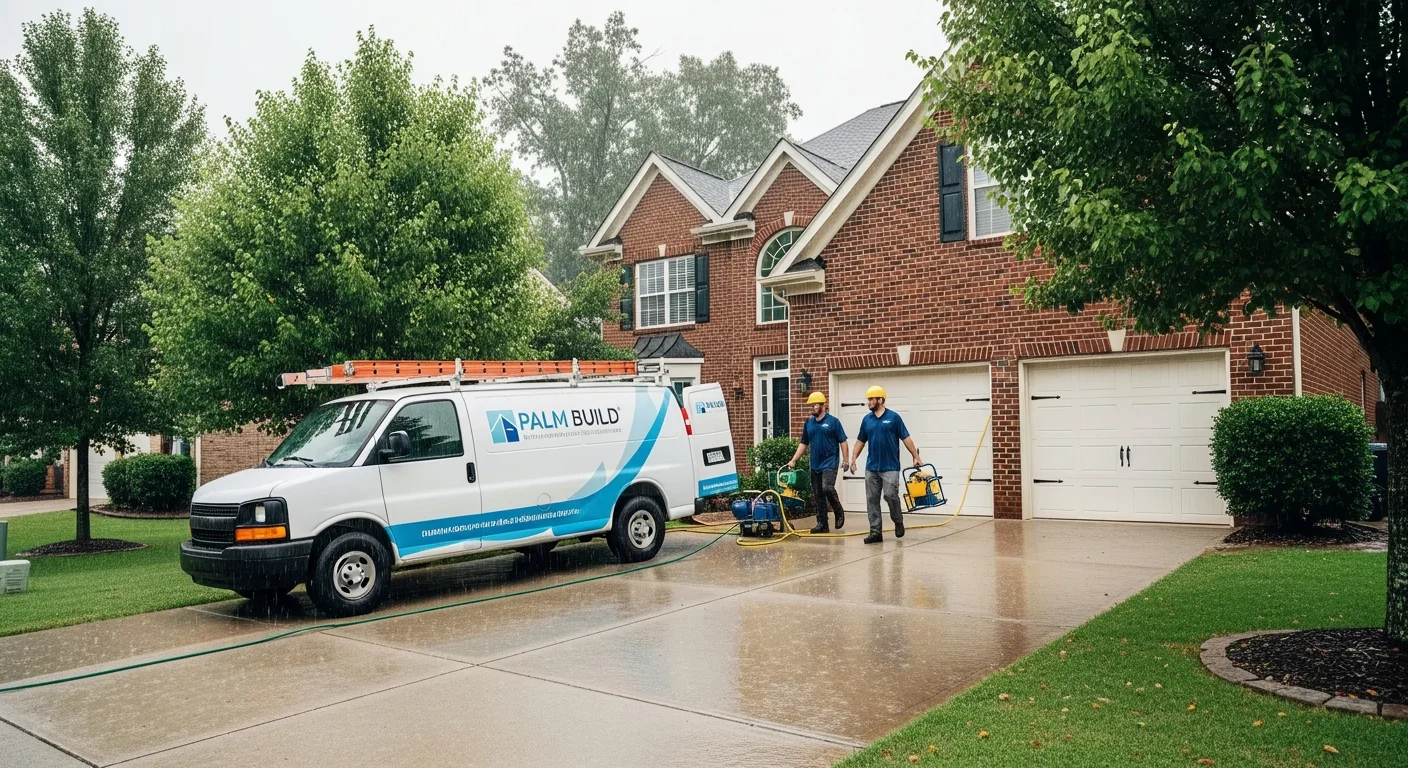 Palm Build branded work van parked at a 2000s brick suburban home in Pineville, NC during heavy rain with restoration technicians approaching