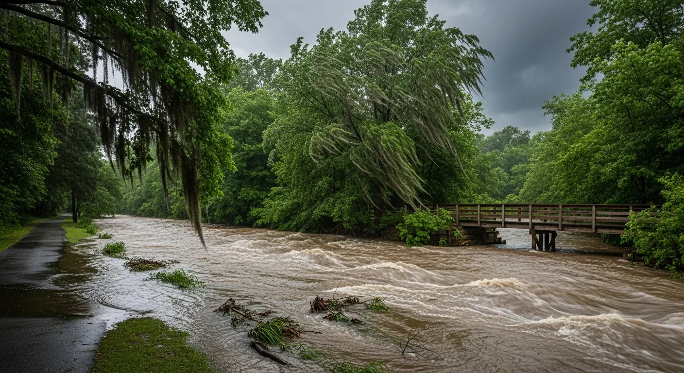 Little Sugar Creek running high and fast near Pineville NC during a heavy storm event with greenway trail and bridge visible along the bank