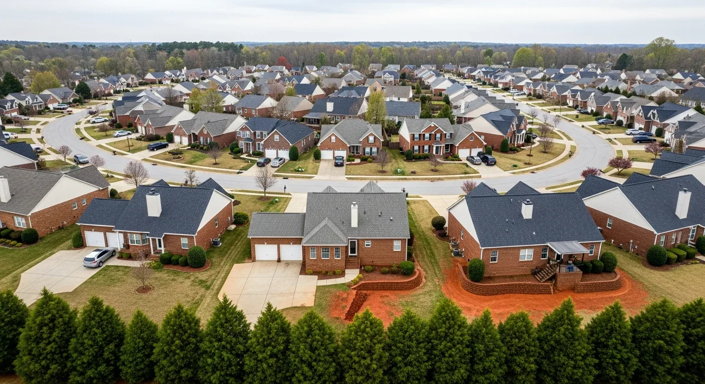 Suburban residential neighborhood in Pineville, NC with late-1990s and 2000s era brick veneer homes on curved streets with red clay soil visible near foundations