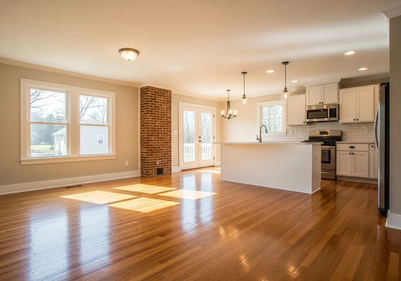 Beautifully restored living area and kitchen in a Pineville NC home after professional water damage restoration by Palm Build