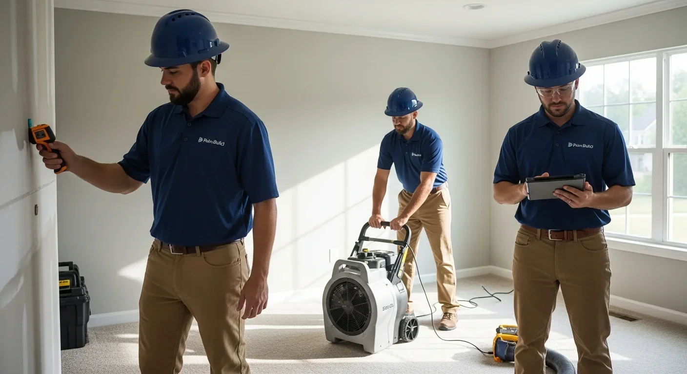 Palm Build water restoration team working inside a Pineville NC home with equipment and moisture meters
