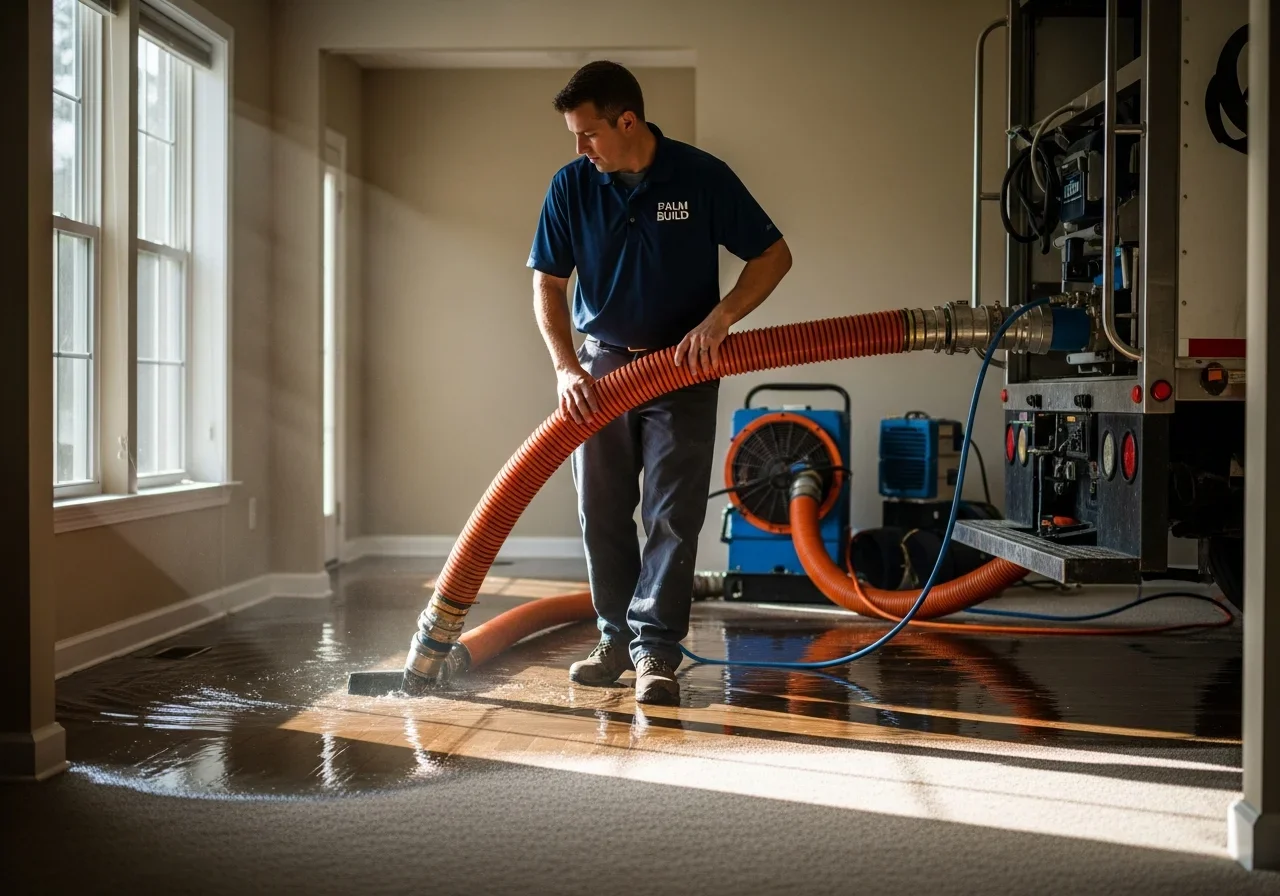 Palm Build technician using truck-mounted water extraction equipment on flooded floors in a Pineville NC home