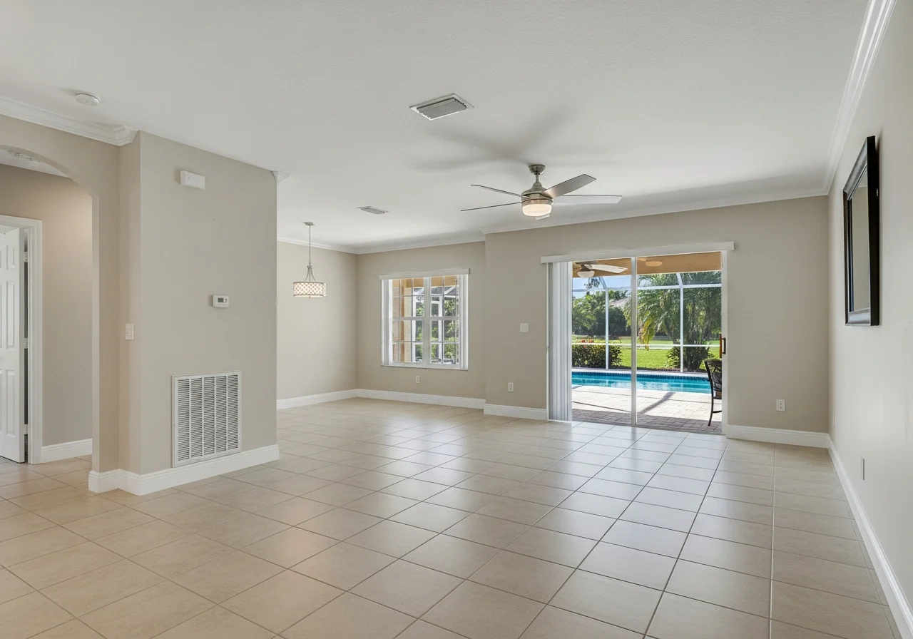 After reconstruction — fully restored living room in a Plantation FL home with new flooring, drywall, and impact windows meeting HVHZ standards