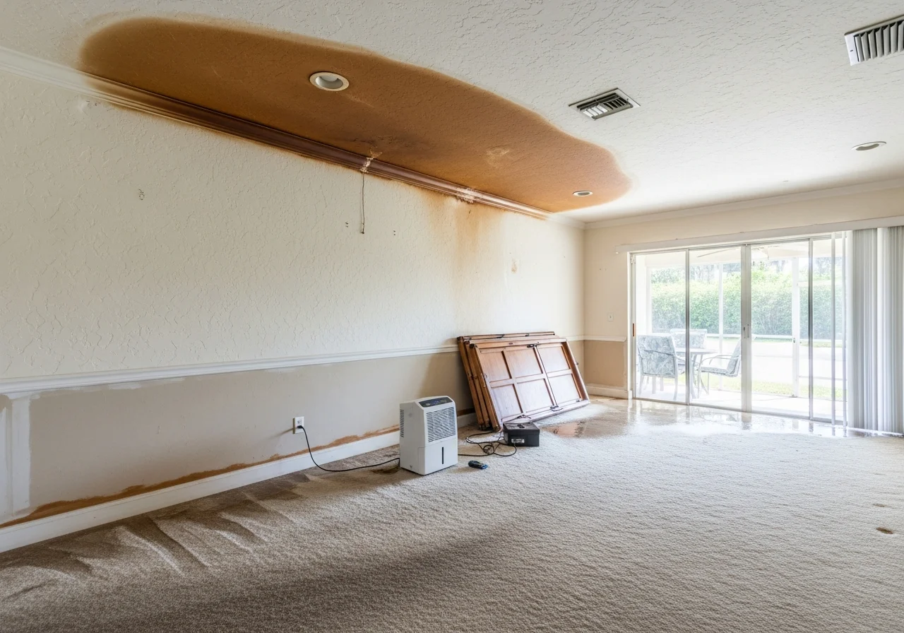 Before reconstruction — water damage to living room in a Plantation FL CBS concrete block home showing saturated drywall and flooring