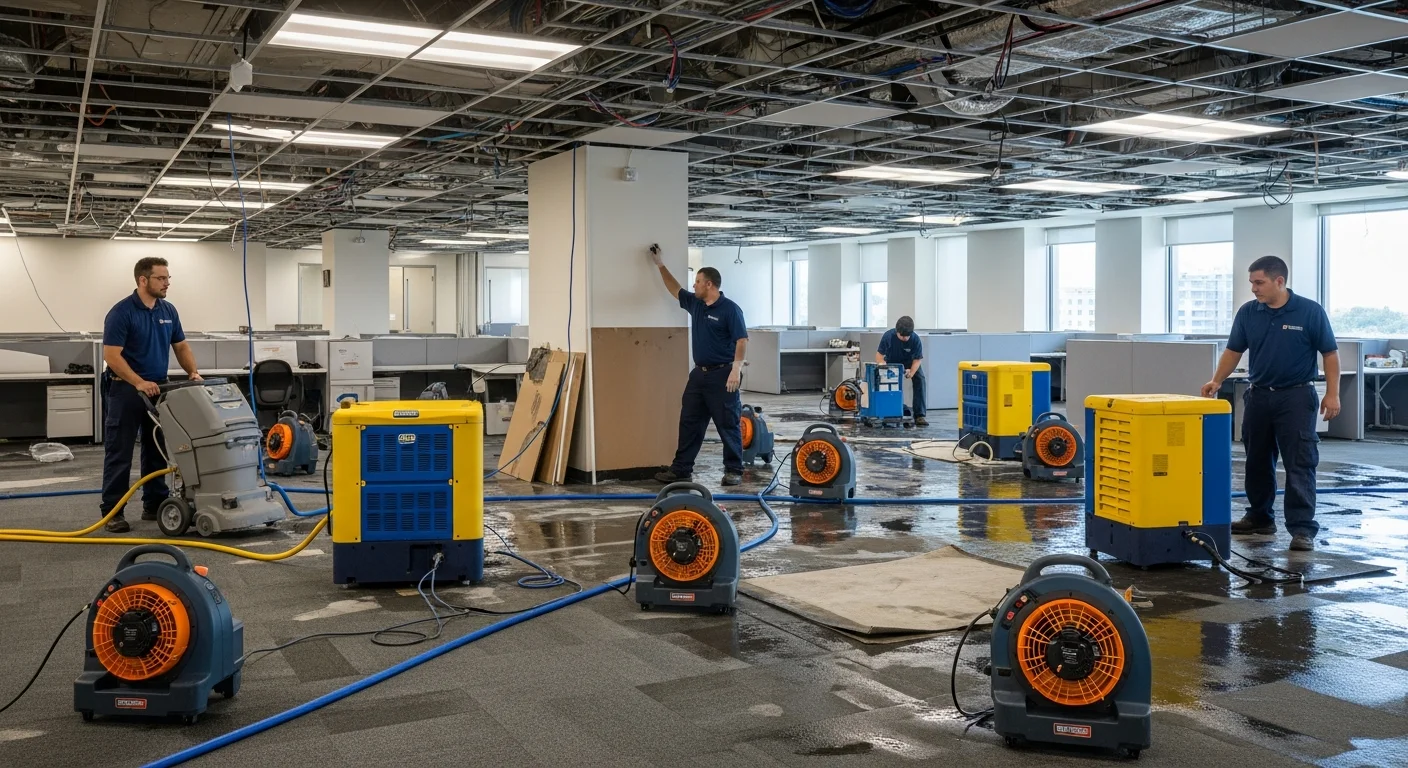 Commercial water damage restoration in a Plantation FL office building showing professional extraction equipment