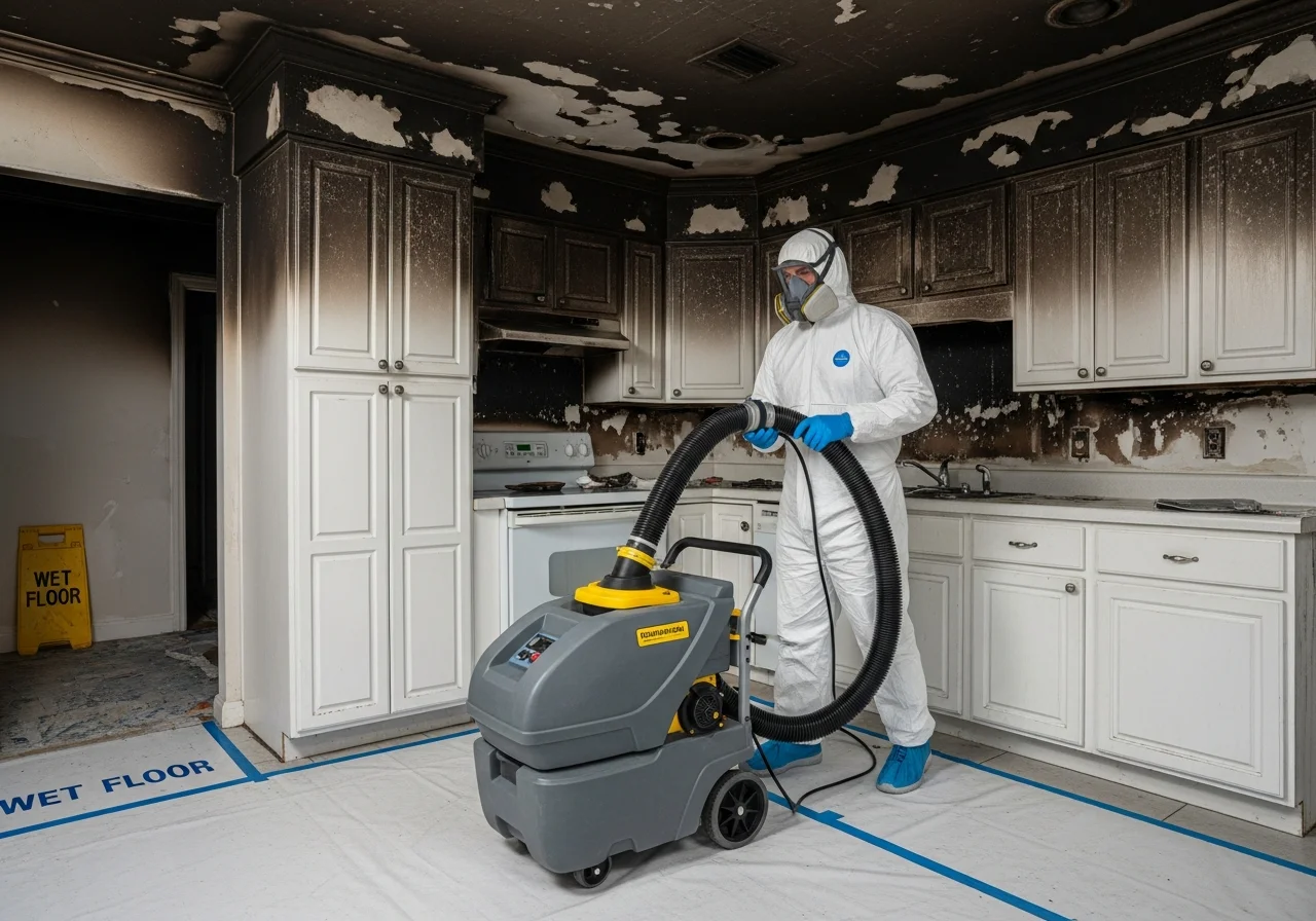 Fire and smoke cleanup in progress at a Plantation Florida kitchen showing professional soot removal and deodorization