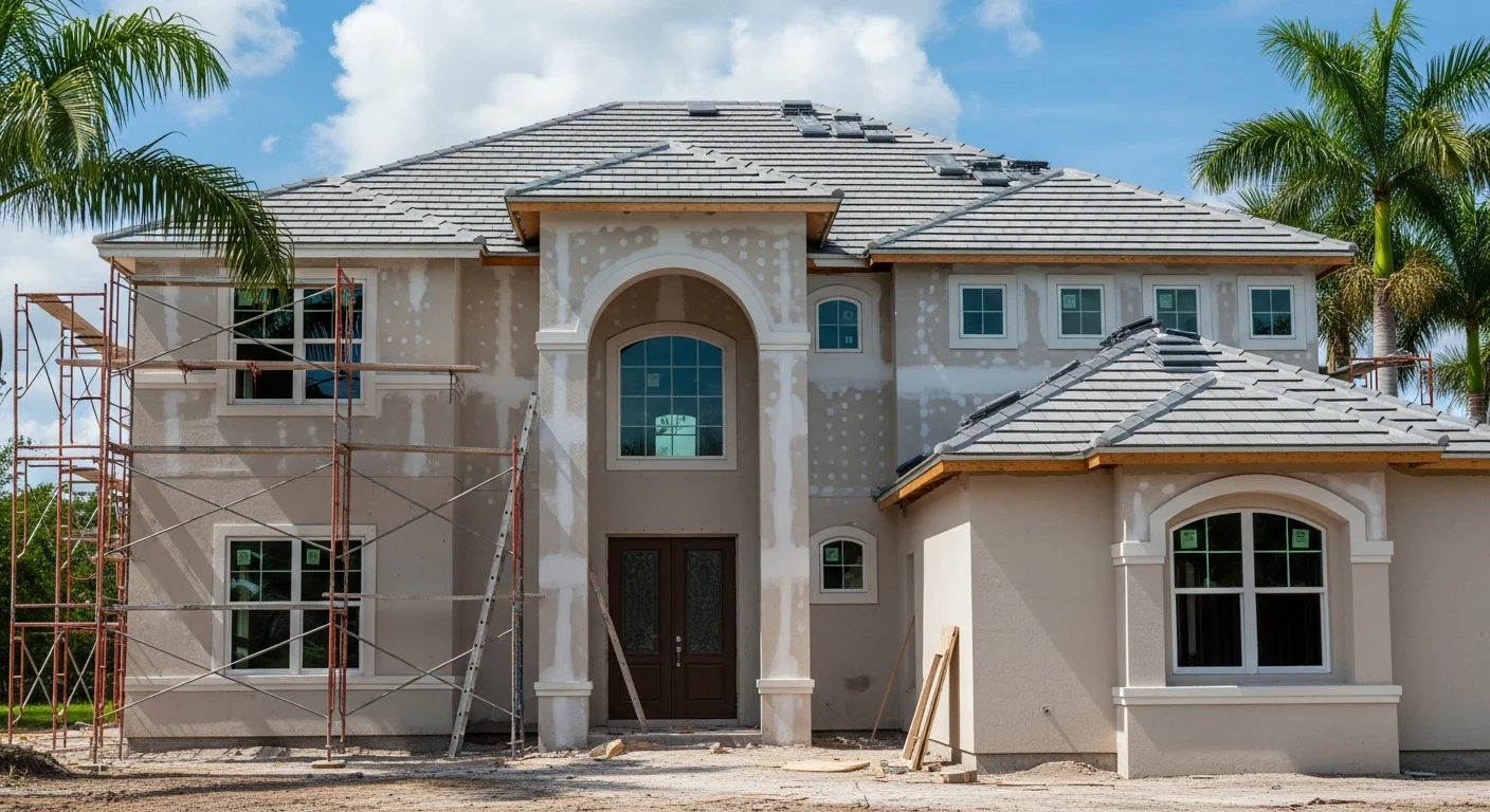 HVHZ code-compliant home reconstruction in progress at a Plantation FL CBS concrete block home showing impact window installation and hurricane strap connections