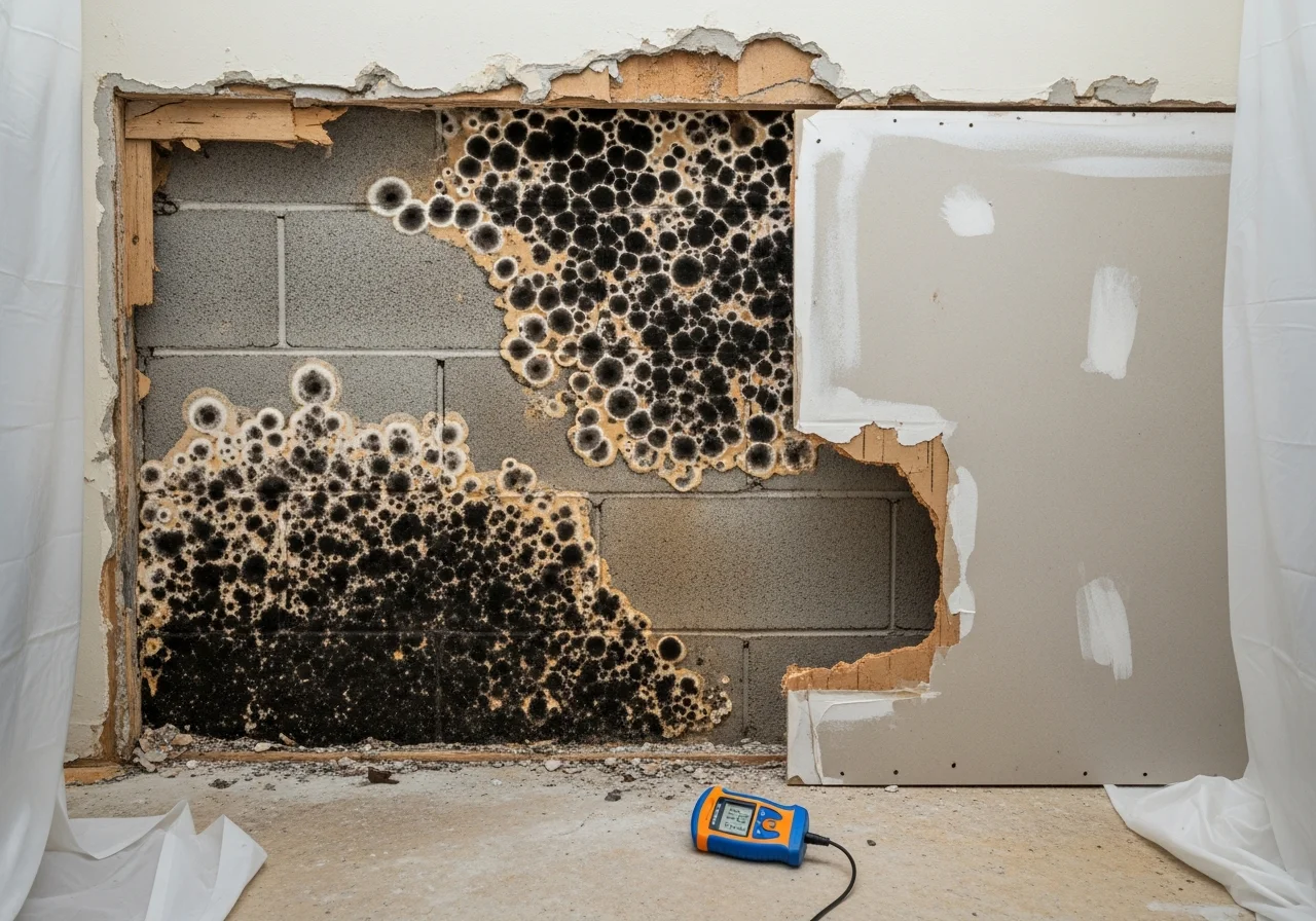 Hidden mold growth behind drywall in a CBS concrete block home in Plantation Florida showing moisture damage in wall cavity