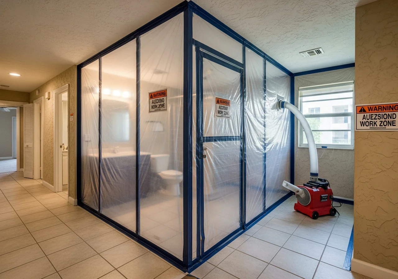 Professional mold containment setup with sealed polyethylene barriers and HEPA filtration in a Plantation Florida condo