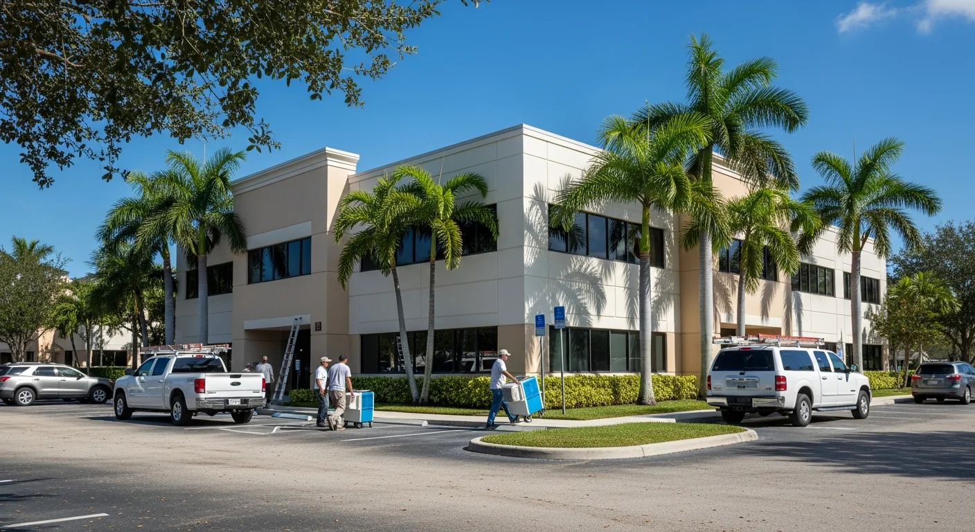Commercial property in Plantation FL requiring professional restoration services with palm trees and modern office buildings along University Drive