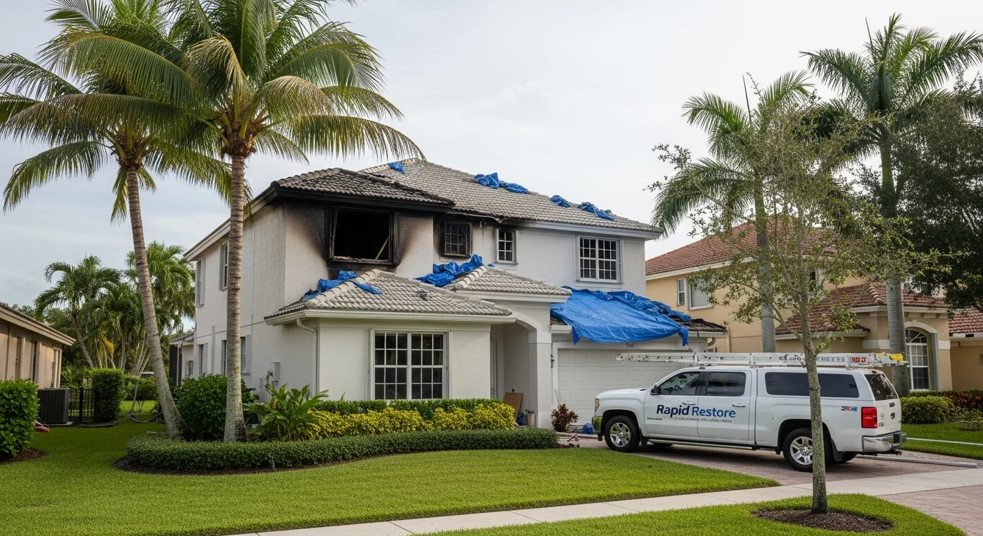 Palm Build restoration team responding to fire and smoke damage at a CBS stucco home in Plantation, Florida