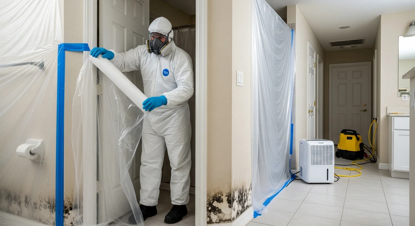 Palm Build mold remediation team in protective equipment responding to a mold emergency at a CBS stucco home in Plantation Florida