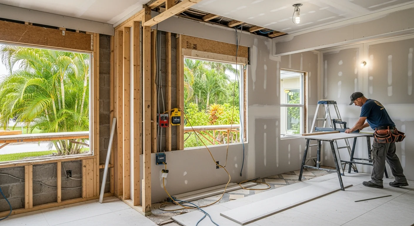 Palm Build reconstruction crew working on a Plantation FL CBS concrete block home rebuild with HVHZ code-compliant structural upgrades in progress