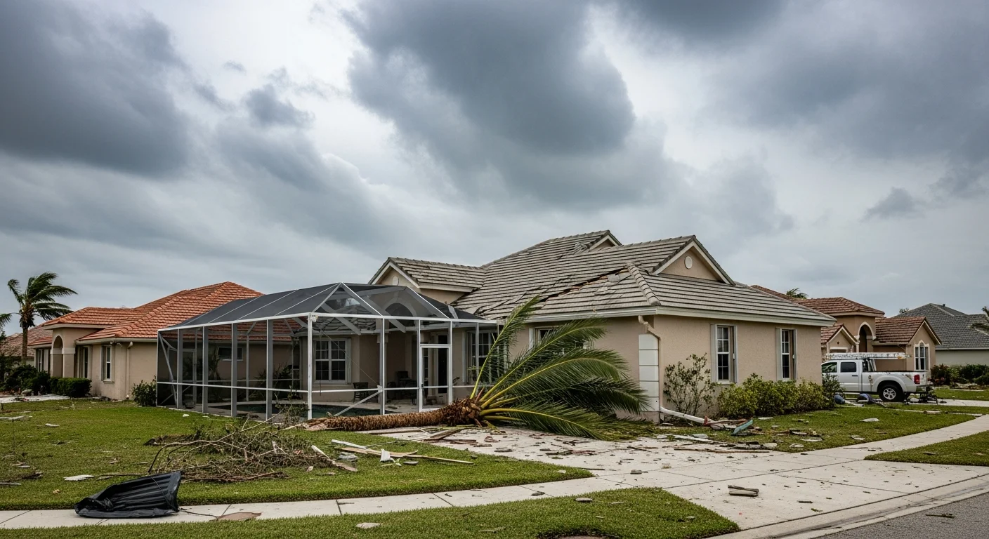 Palm Build restoration team responding to hurricane and storm damage at a CBS stucco home with tile roof in Plantation Florida