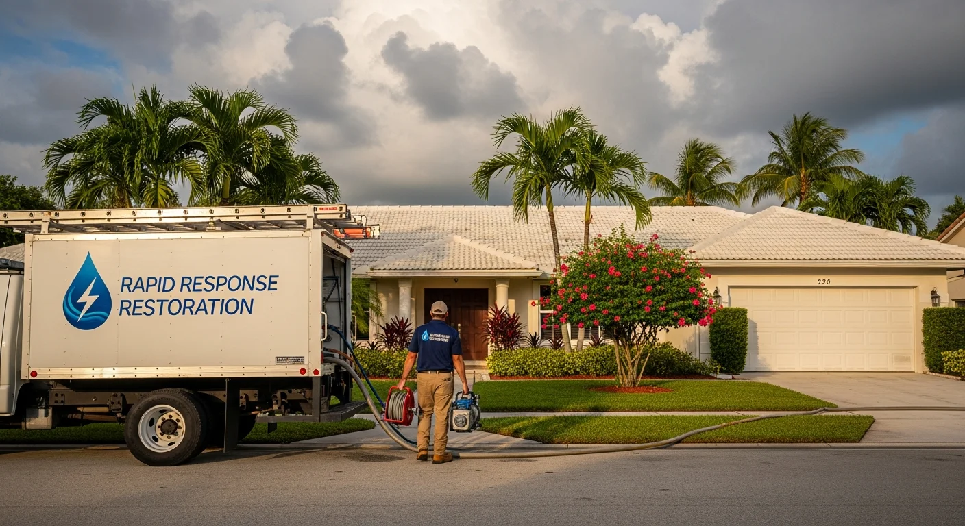 Palm Build restoration truck responding to a water damage emergency at a CBS stucco home in Plantation Florida with palm trees and tropical landscaping