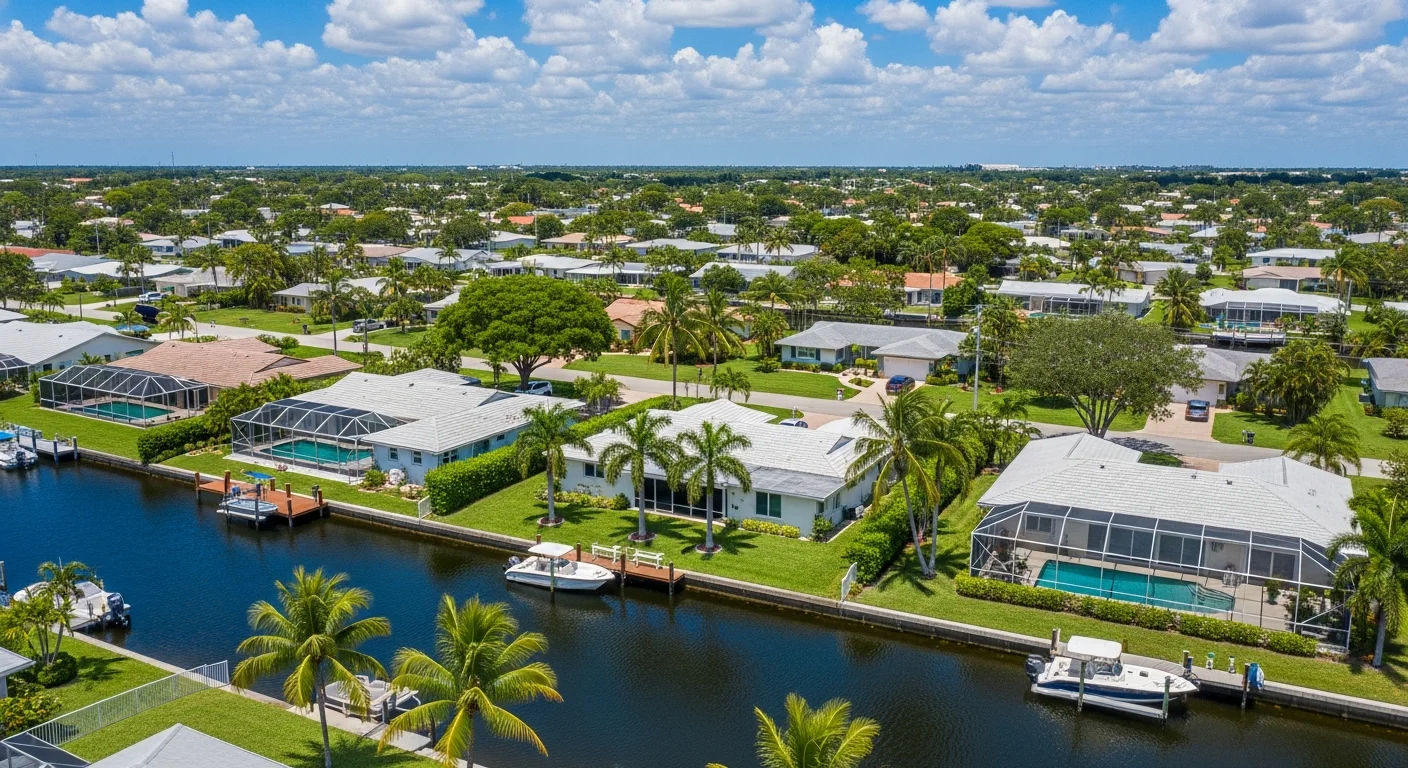Aerial view of Plantation Florida canal neighborhoods showing residential homes along OPWCD canal waterways in central Broward County