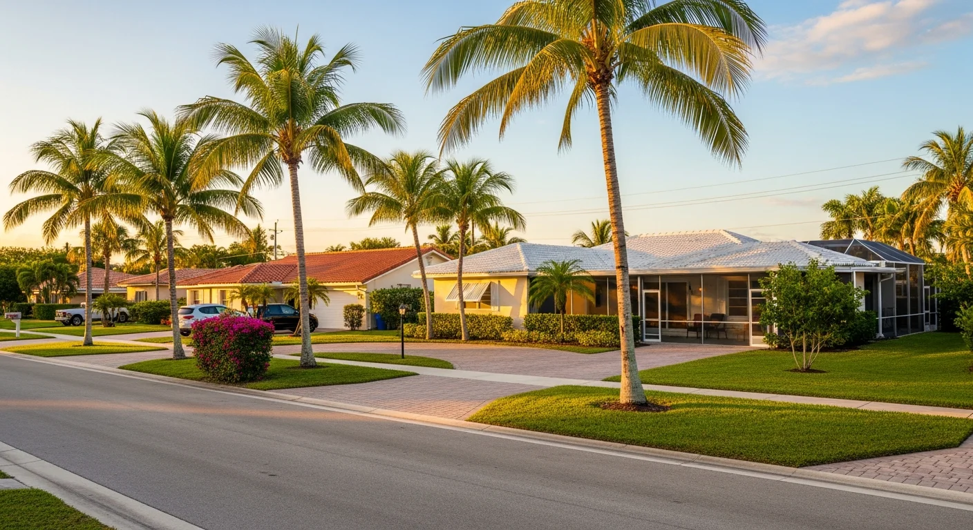 Typical Plantation FL residential street lined with CBS stucco homes and mature tropical landscaping