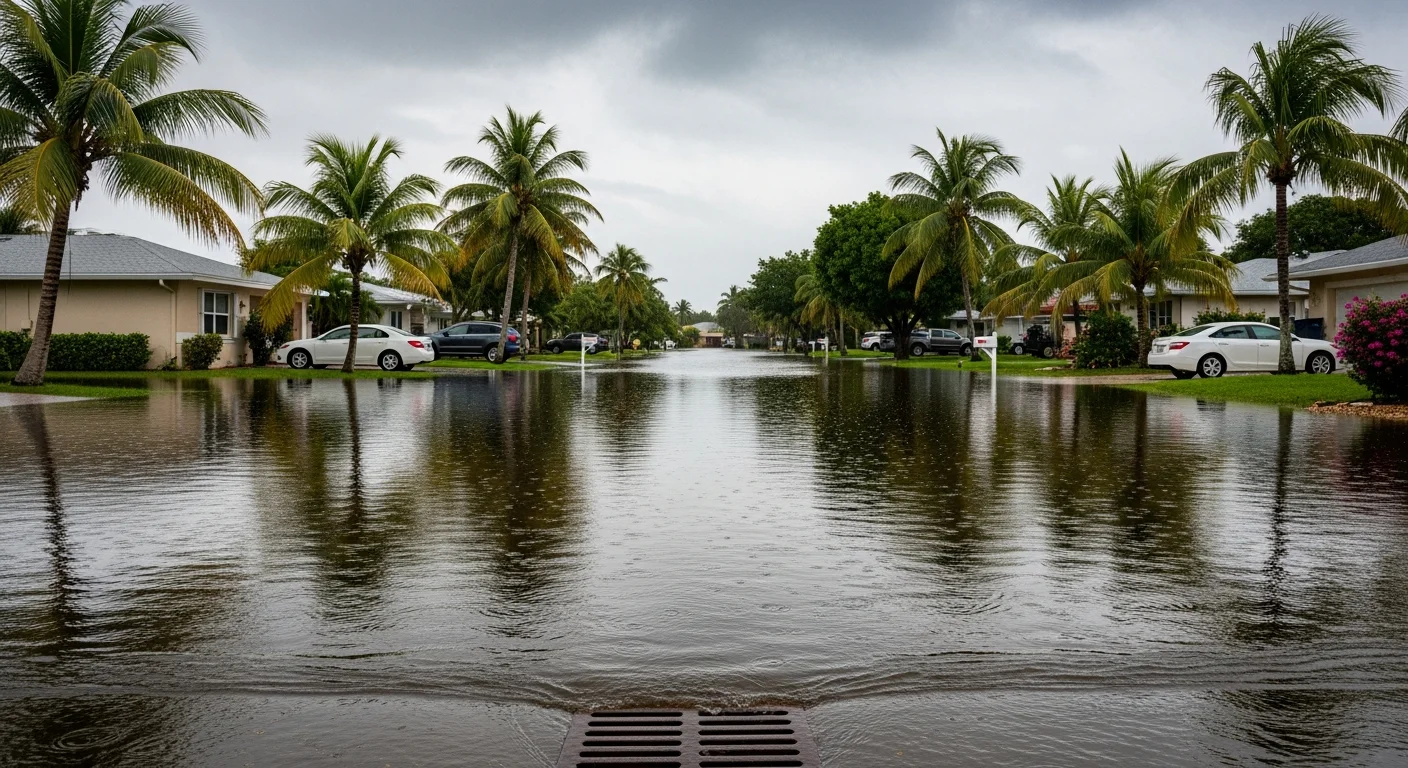 Plantation Florida residential street flooding during heavy rain event showing water overwhelming drainage infrastructure