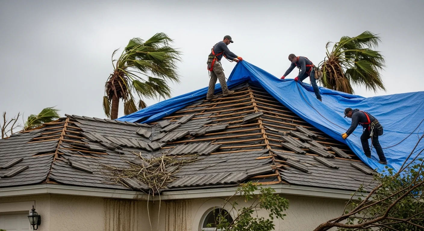 Palm Build crew performing emergency roof tarping on a storm-damaged tile roof at a Plantation FL home