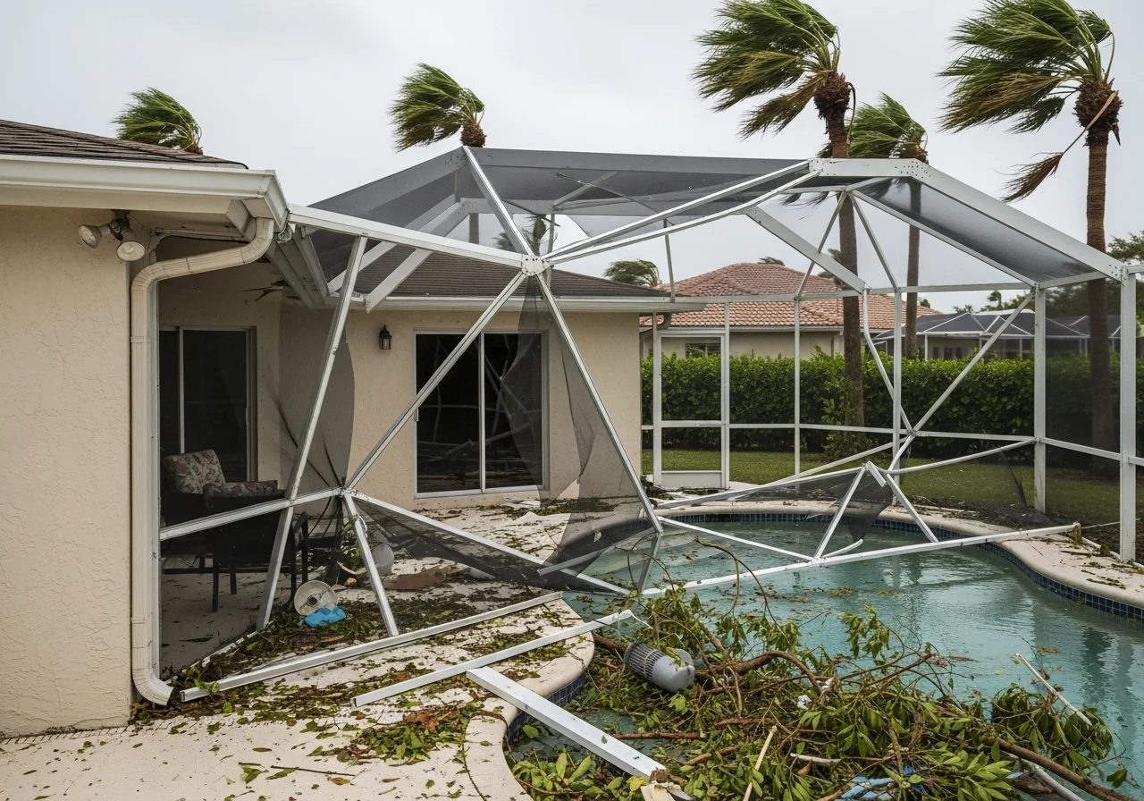 Destroyed screen enclosure and pool cage at a Plantation FL home after hurricane-force winds showing collapsed aluminum framing