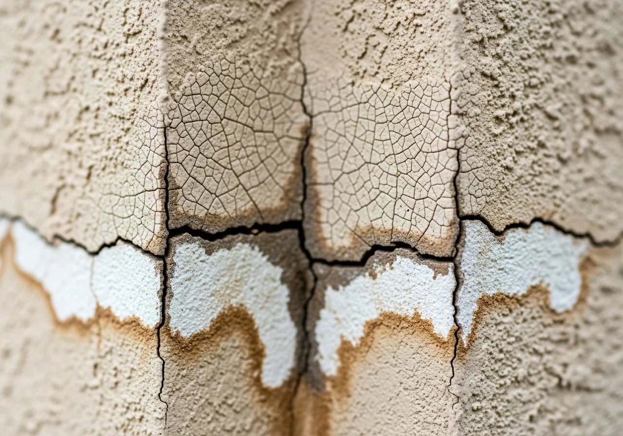 Close-up of stucco crack and water intrusion damage on a CBS concrete block wall in a Plantation FL home requiring reconstruction