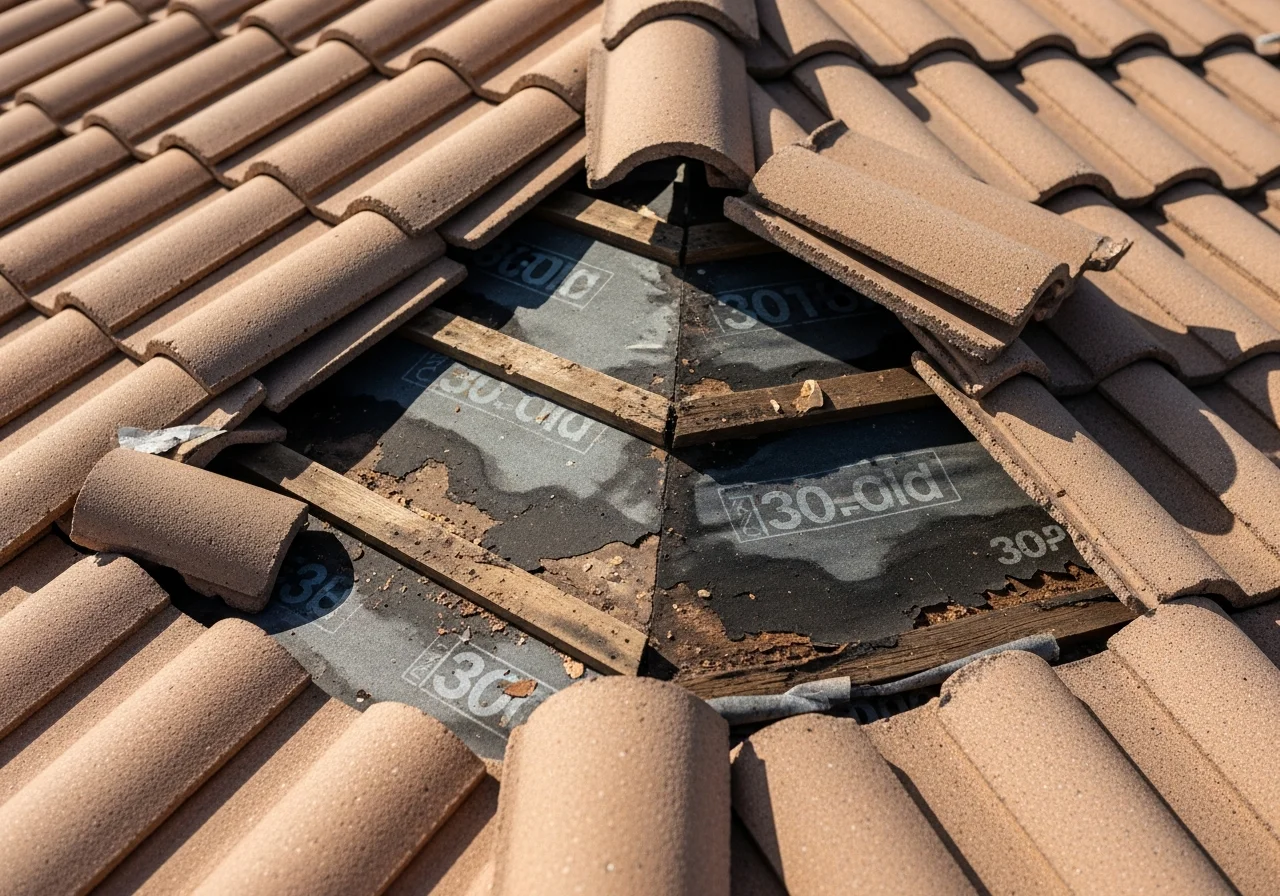 Barrel tile roof with failed underlayment during reconstruction at a Pompano Beach FL home