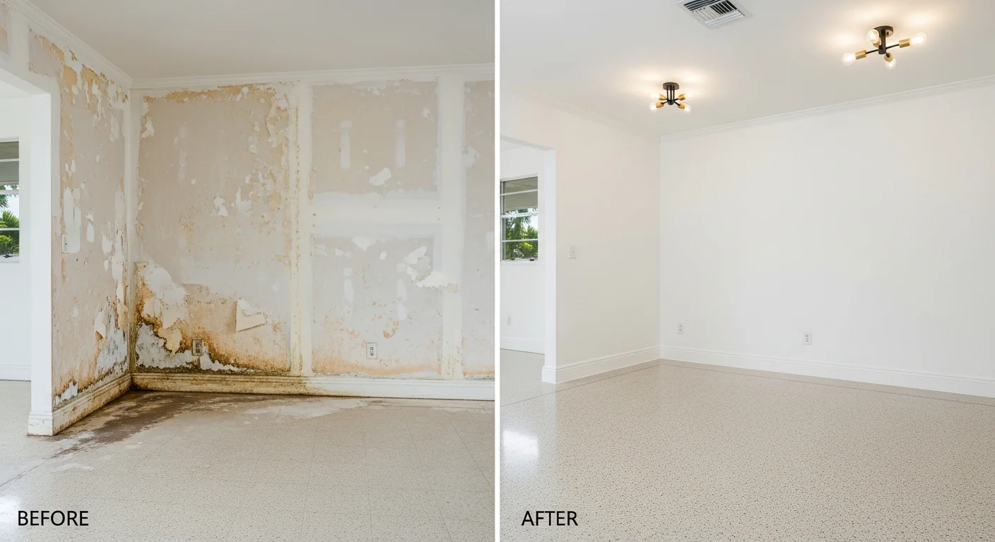 Before and after water damage restoration and reconstruction at a Pompano Beach FL property