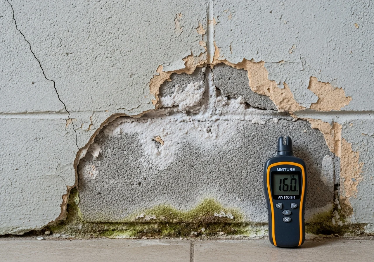 CBS concrete block wall showing water intrusion damage and efflorescence in a Pompano Beach FL home
