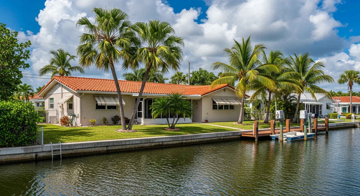 Canal-front CBS stucco home in Garden Isles neighborhood of Pompano Beach Florida showing proximity to Pompano Canal waterway