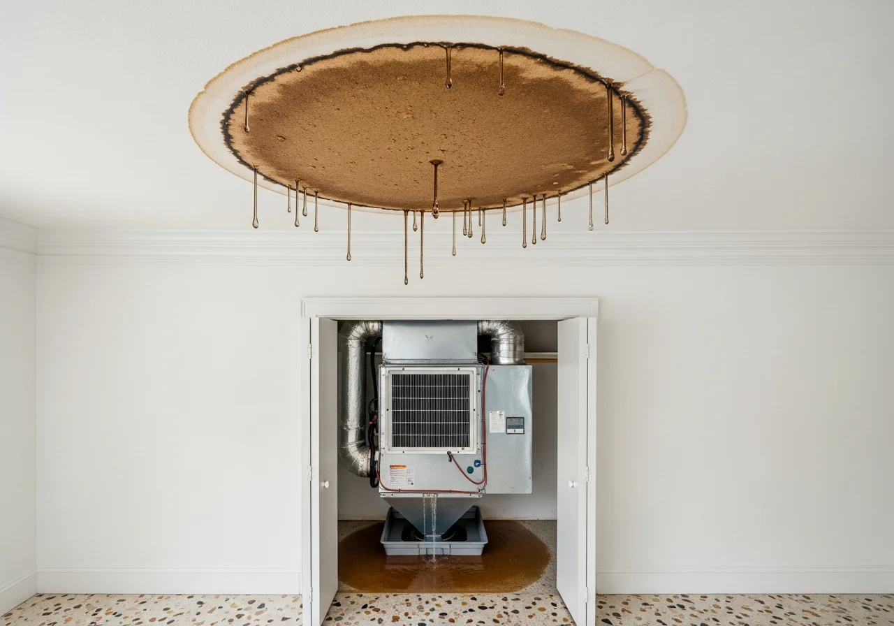 HVAC condensate overflow causing ceiling and wall water damage in a Pompano Beach Florida condo unit