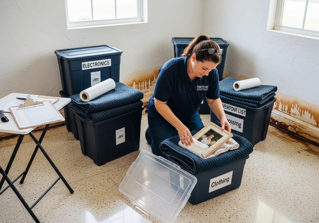 Professional contents restoration pack-out in progress at a Pompano Beach Florida home showing careful inventory and packing of personal property after water damage