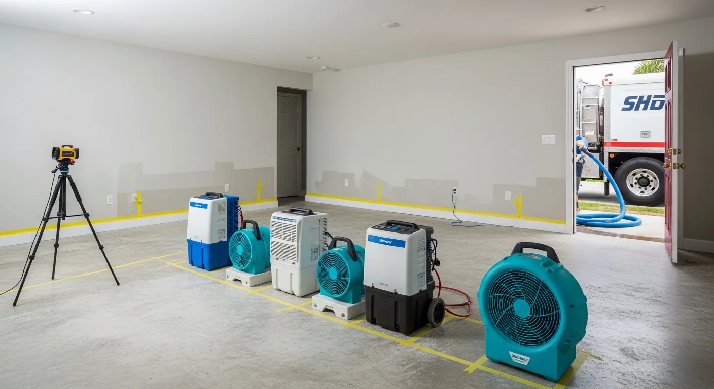 Palm Build commercial drying equipment setup in a Pompano Beach Florida condominium unit showing professional dehumidifiers and air movers