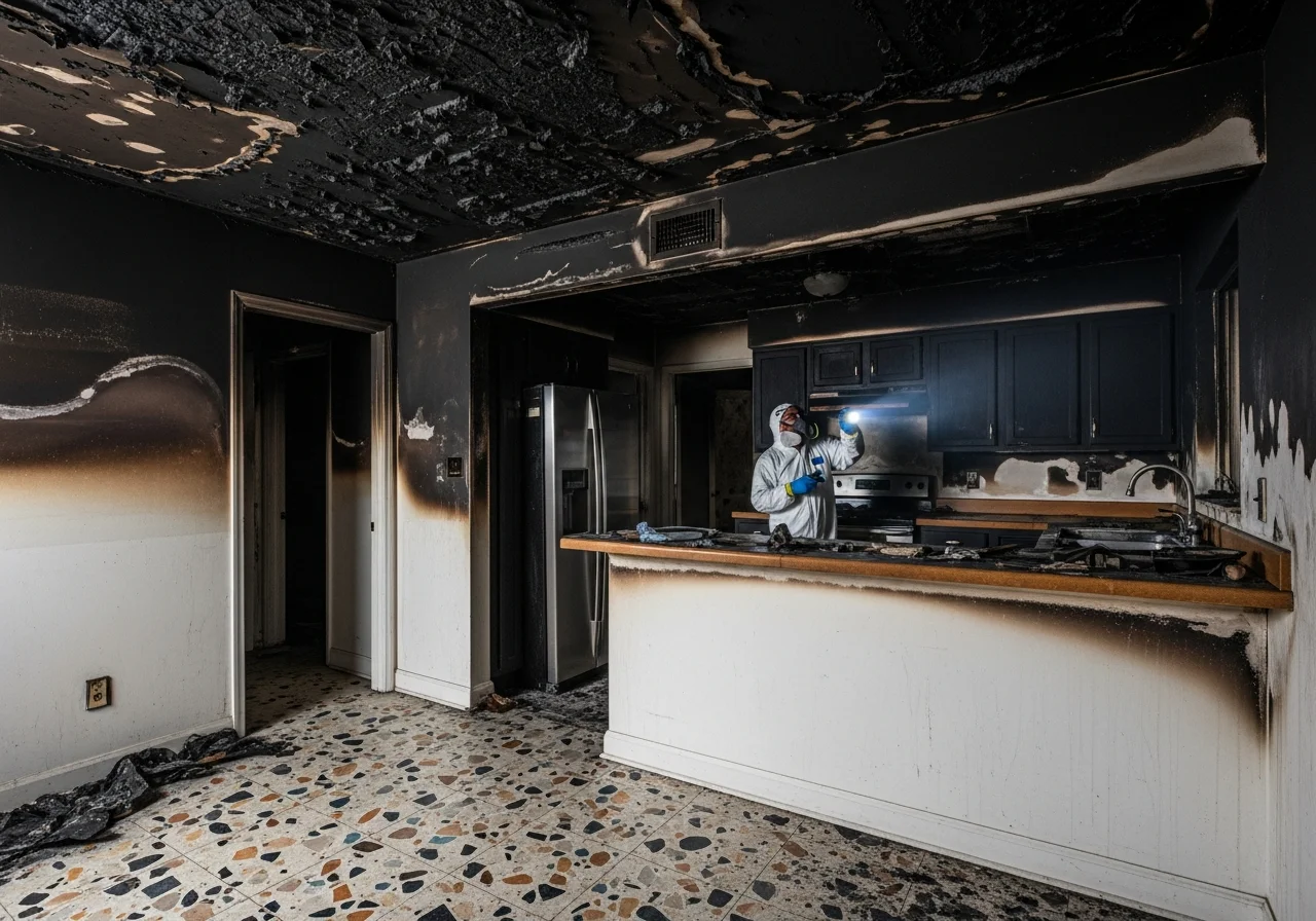 Palm Build restoration team responding to fire and smoke damage at a CBS stucco home in Pompano Beach Florida with tropical landscaping