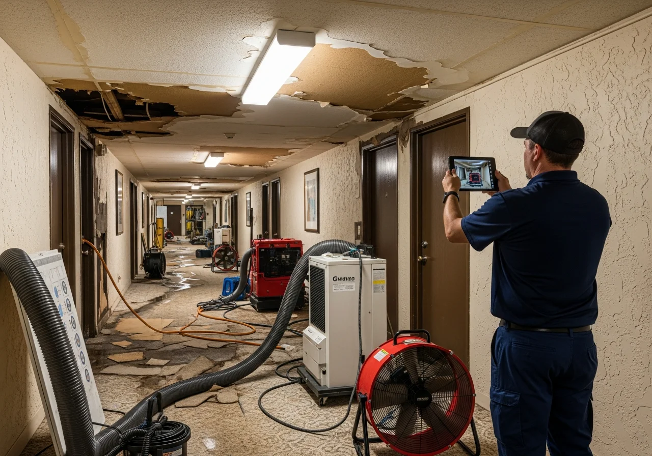 Palm Build restoration team responding to HOA condo water damage at a multi-unit building in Pompano Beach Florida with professional extraction equipment deployed