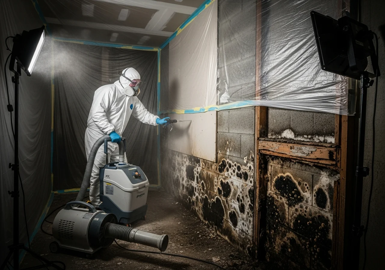 DBPR-licensed mold remediation technician performing moisture assessment in a Pompano Beach FL CBS block home