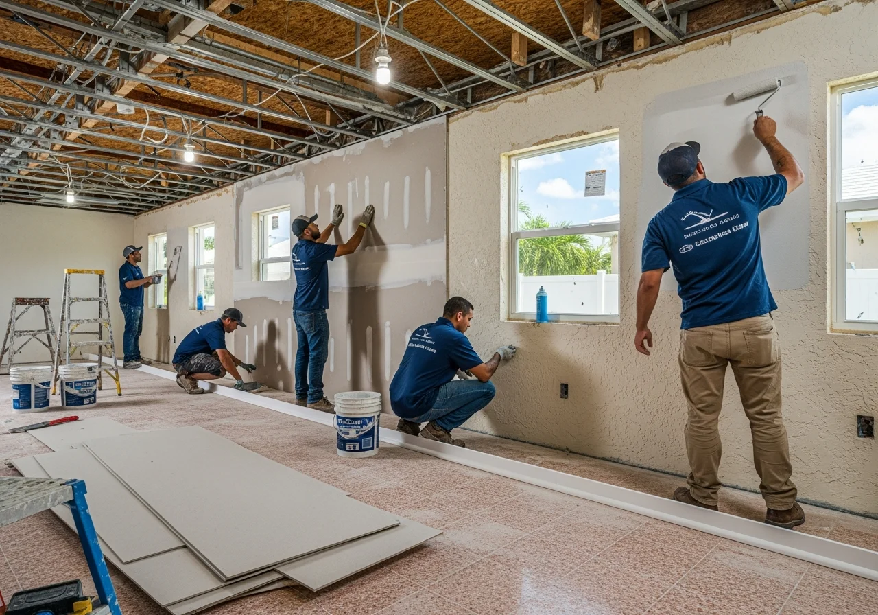 Interior reconstruction in progress at a Pompano Beach FL home showing CBS wall repair and Florida Building Code-compliant structural upgrades