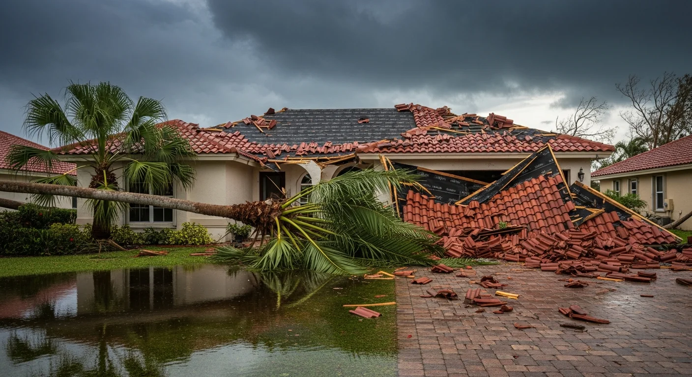 Palm Build restoration crew responding to hurricane damage at a Pompano Beach Florida home with storm debris and damaged barrel tile roof visible