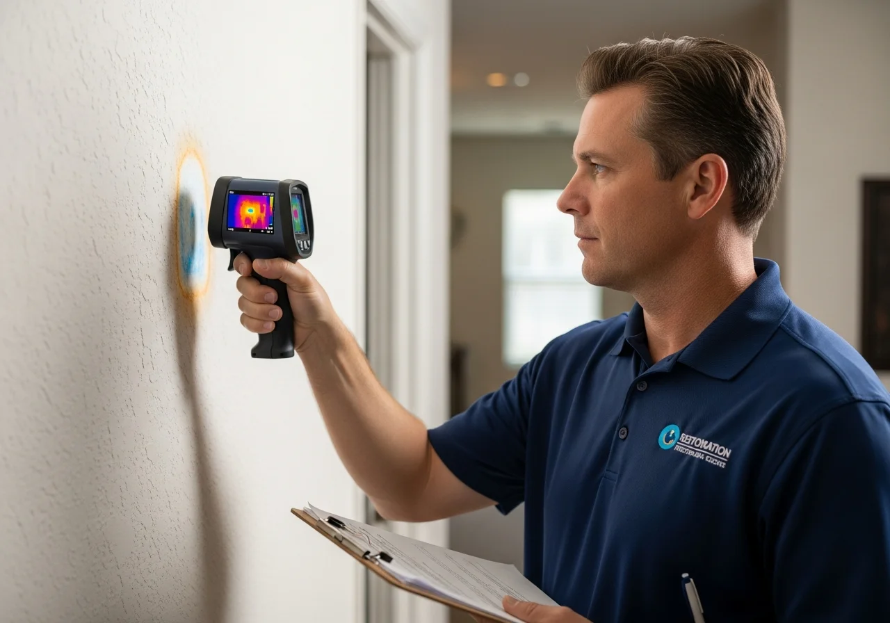 Palm Build technician using thermal imaging camera for moisture detection in a Pompano Beach Florida condo wall