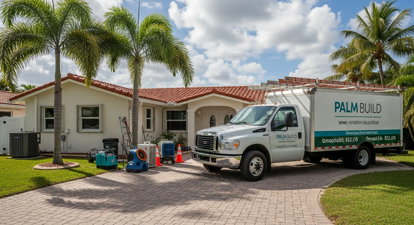 Palm Build restoration truck responding to a water damage emergency at a CBS stucco home in Pompano Beach Florida with palm trees and canal visible in background