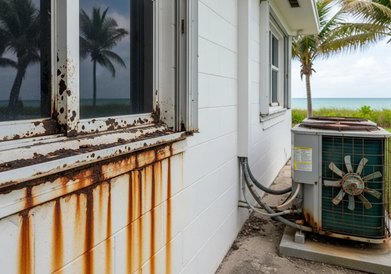 Salt air corrosion damage on exterior metal fixtures of an oceanfront property in Pompano Beach Florida showing accelerated deterioration
