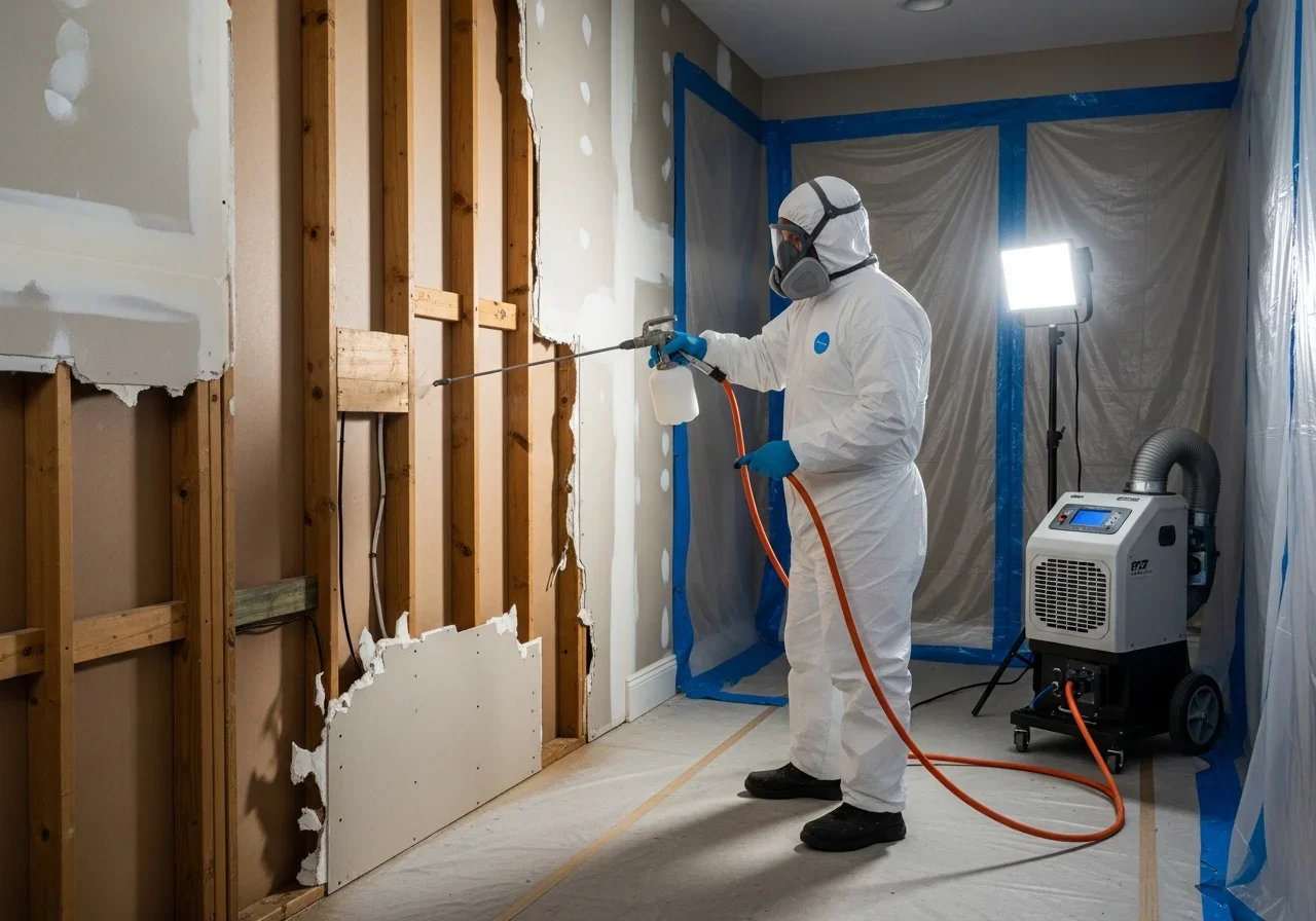 Professional antimicrobial treatment application during mold remediation in Port St. Lucie FL home