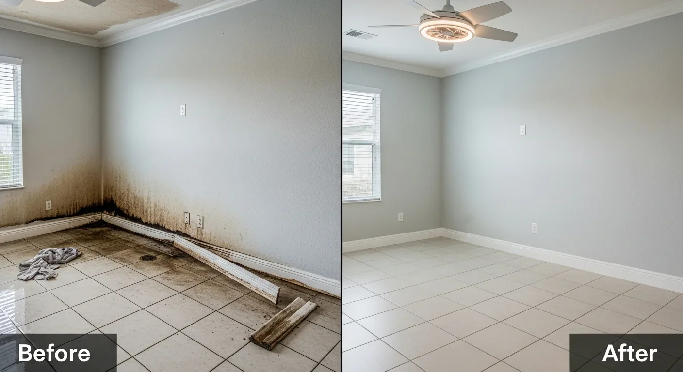 Before and after water restoration of a slider door water intrusion in a Port St. Lucie Florida home