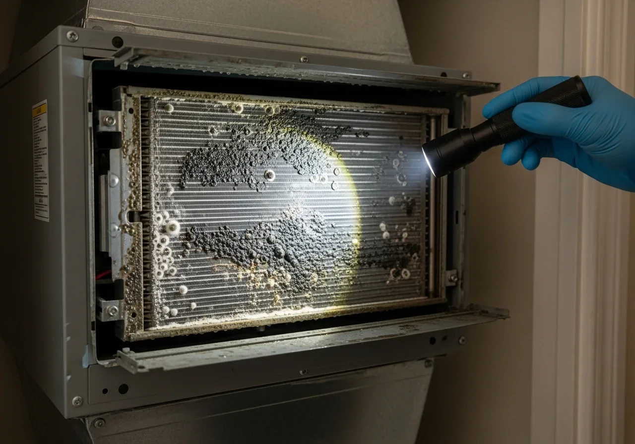 HVAC condensation and mold growth inside an air handler in a Port St. Lucie FL home