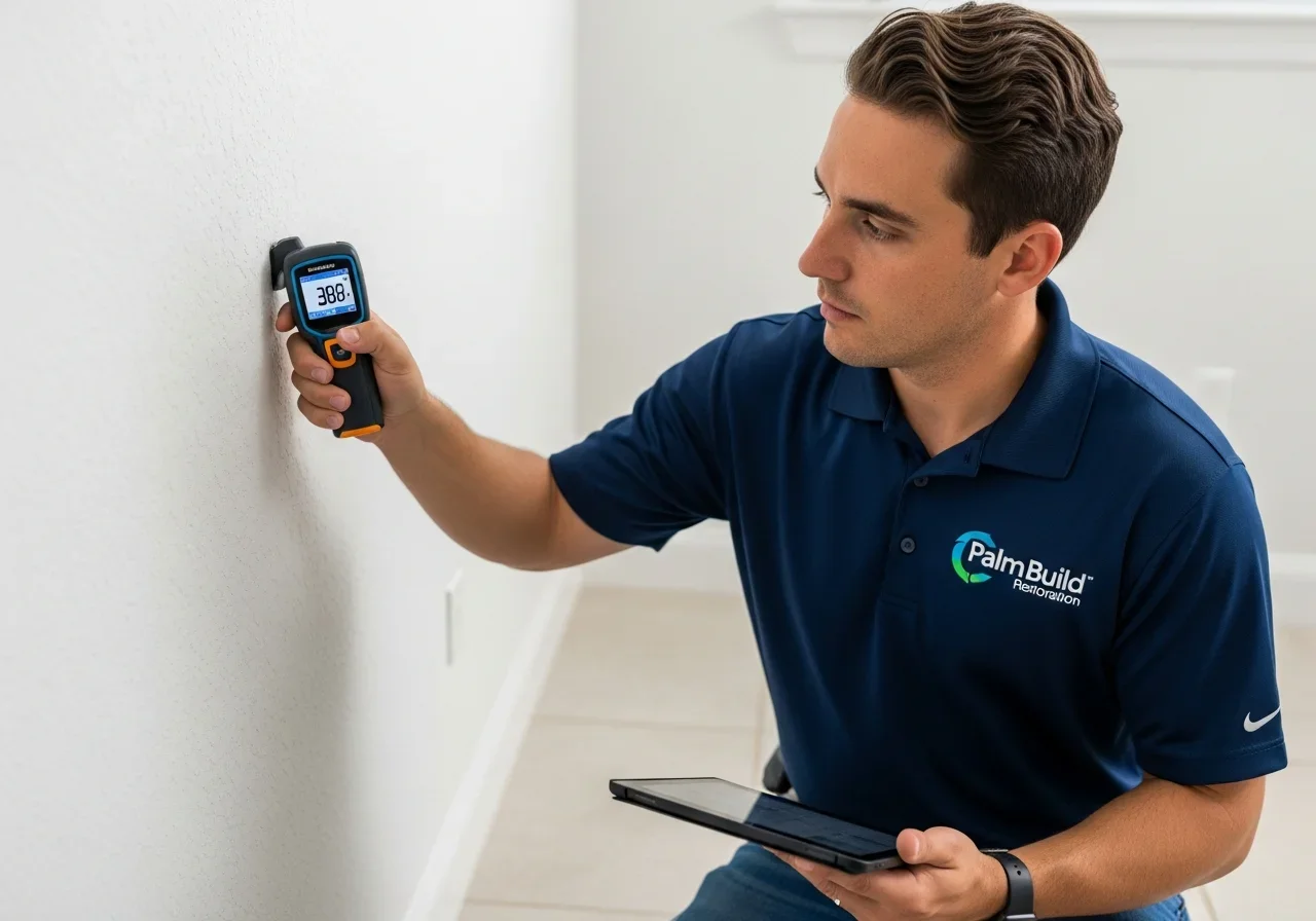 Palm Build technician using a professional moisture meter during a water damage inspection in a Port St. Lucie Florida home