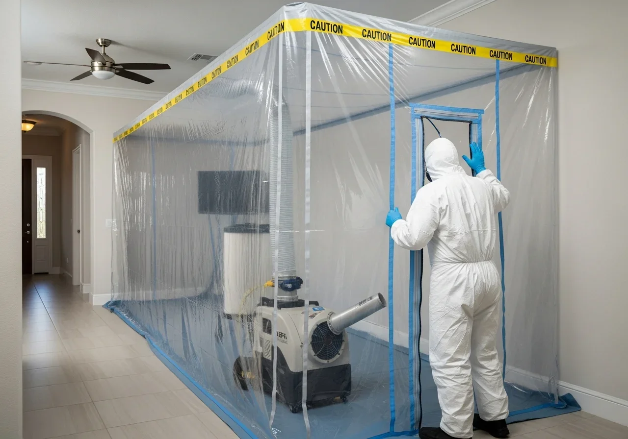 Professional mold remediation containment barrier with HEPA air scrubber setup in Port St. Lucie FL home