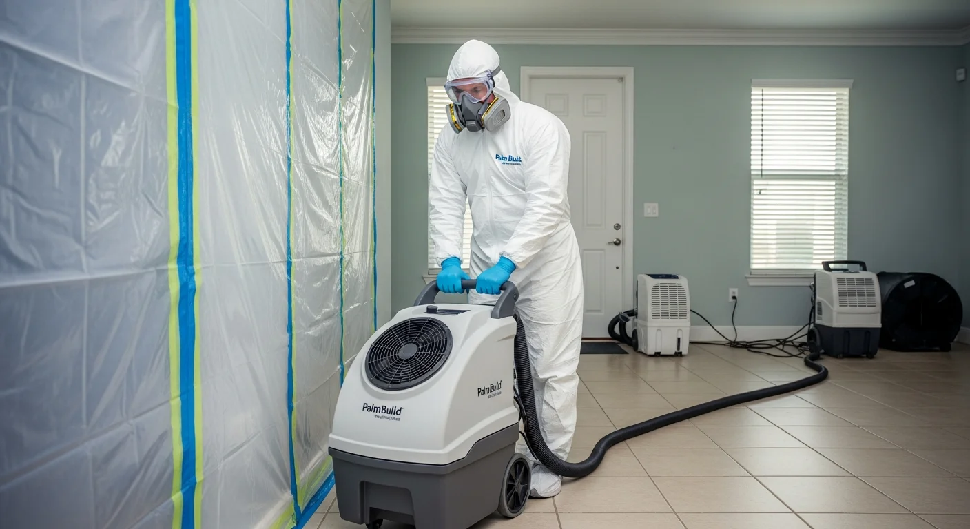 Palm Build mold remediation technician in full PPE working inside a Port St. Lucie Florida home with containment barriers and HEPA equipment
