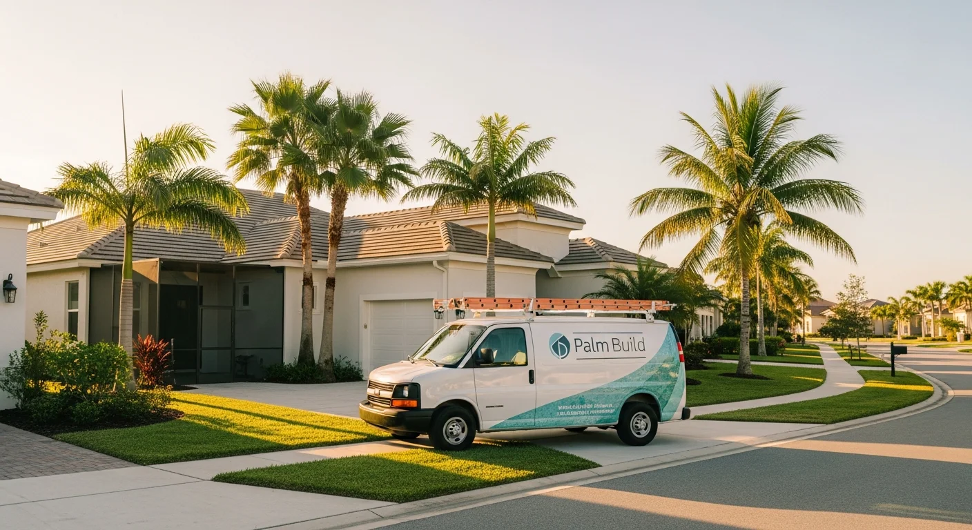 Palm Build restoration truck in the driveway of a Port St. Lucie Florida stucco home with palm trees and tile roof after water damage emergency