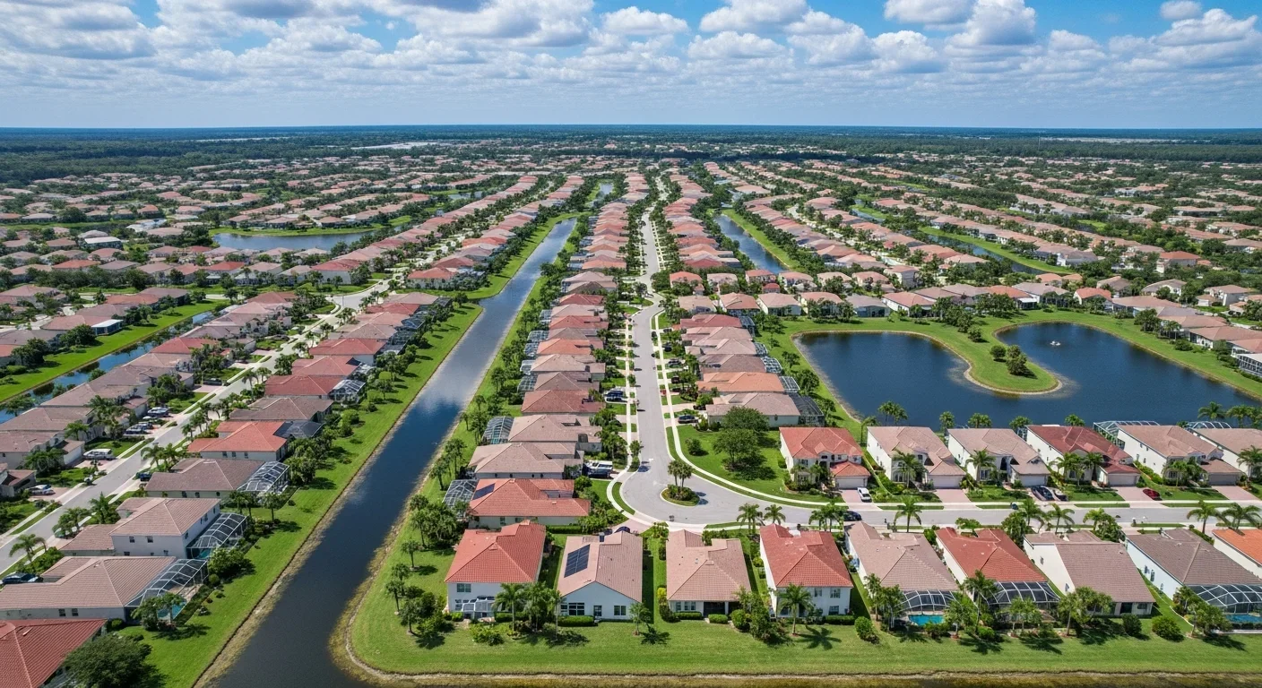 Aerial view of Port St. Lucie Florida subdivision showing canal system running between residential neighborhoods