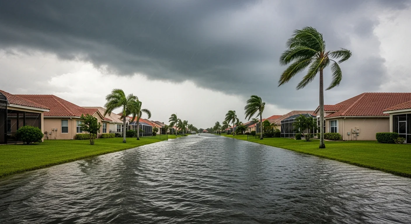 Port St. Lucie canal system during heavy storm showing rising water levels near residential properties