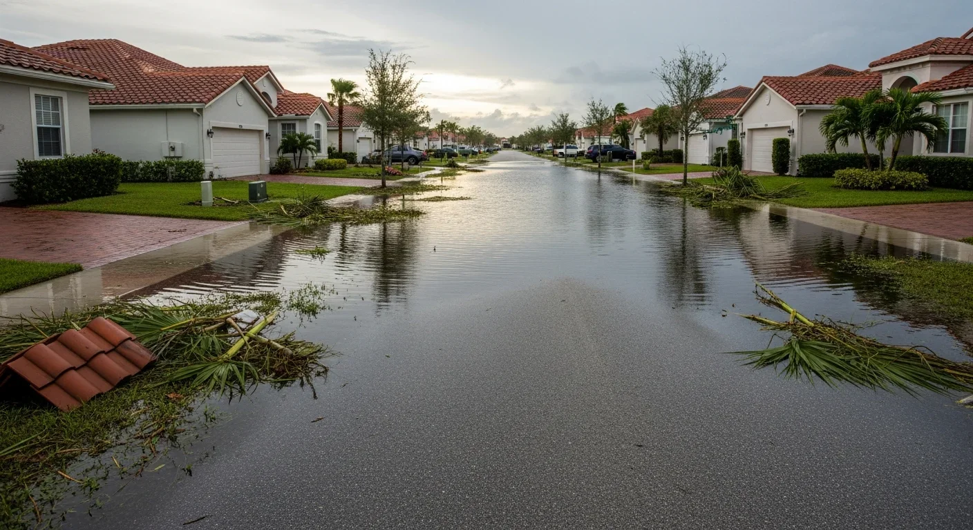 Post-storm neighborhood flooding in a Port St. Lucie Florida residential area with standing water on streets